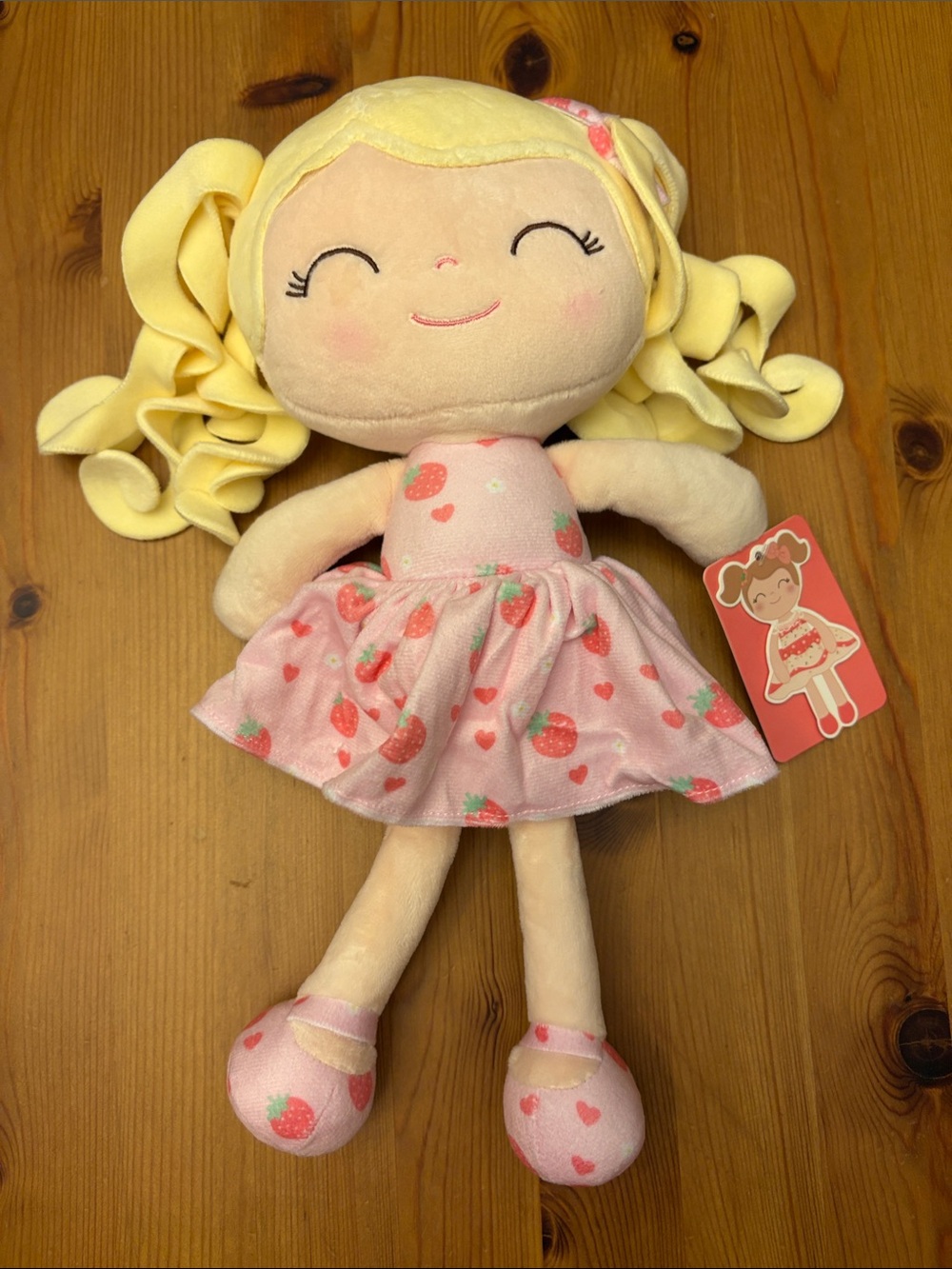 Plush Strawberry Dress Doll - Pink and Yellow Cuddly Toy